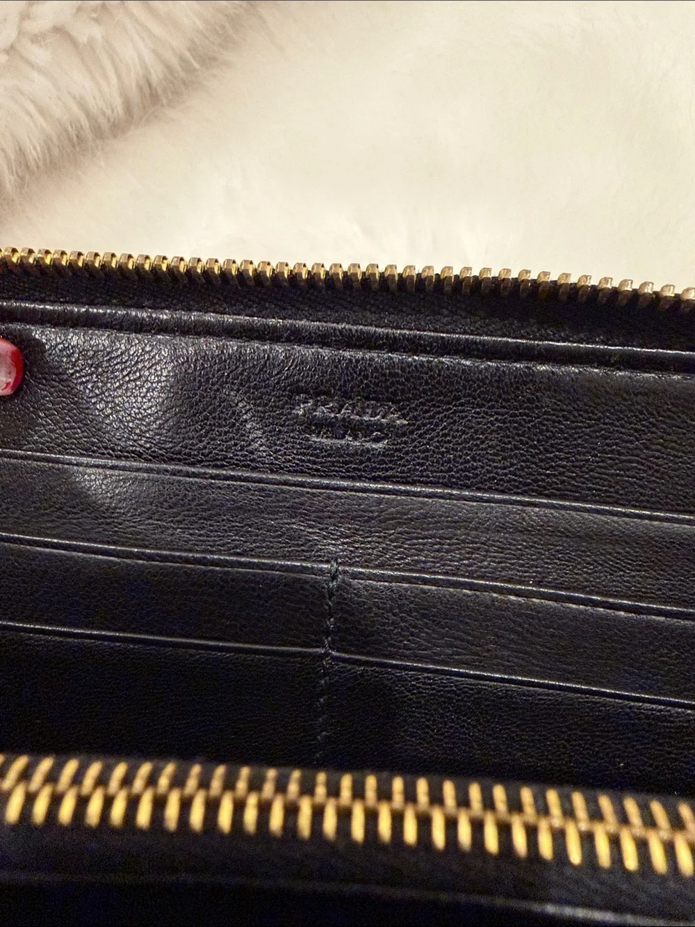Prada Black Gathered Leather Zip-Around Wallet with Gold Logo